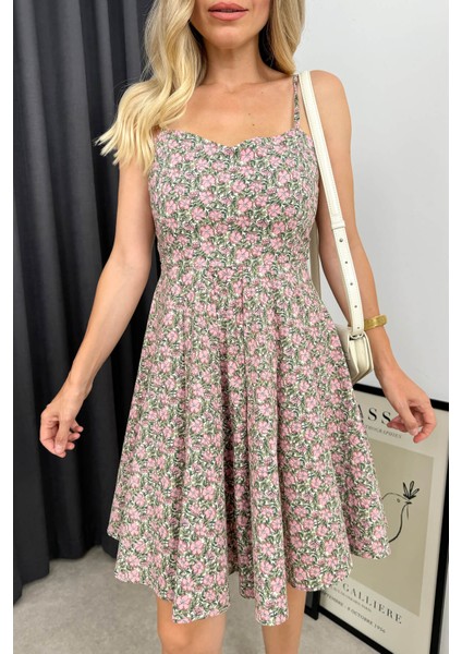 Pembe Çiçekli Askılı Mini Elbise