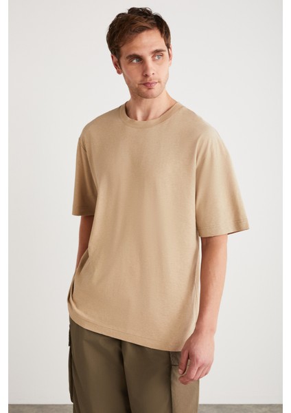 Fletcher Erkek Oversize Keten Karışımlı Bej T-Shirt