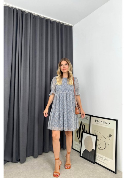 Indigo Çiçekli Astarlı Fırfırlı Şifon Elbise