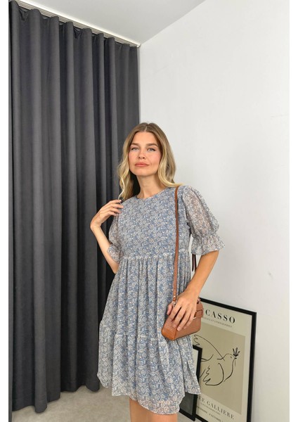 Indigo Çiçekli Astarlı Fırfırlı Şifon Elbise fiyatları