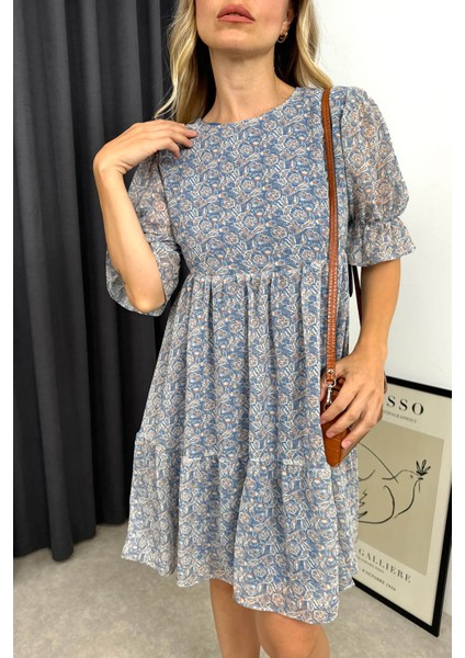 Indigo Çiçekli Astarlı Fırfırlı Şifon Elbise fırsatları