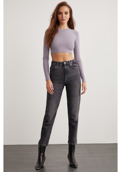 Essie Kadın Bisiklet Yaka Slim Fit Uzun Kollu Crop Lila Bluz fiyatları