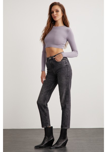 Essie Kadın Bisiklet Yaka Slim Fit Uzun Kollu Crop Lila Bluz modelleri