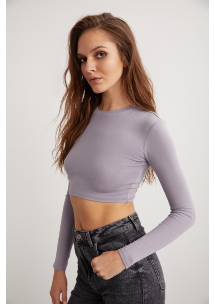 Essie Kadın Bisiklet Yaka Slim Fit Uzun Kollu Crop Lila Bluz fırsatları
