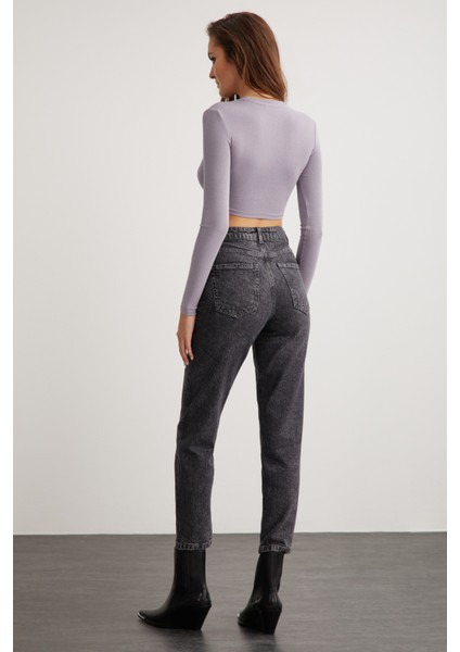 Essie Kadın Bisiklet Yaka Slim Fit Uzun Kollu Crop Lila Bluz indirimleri