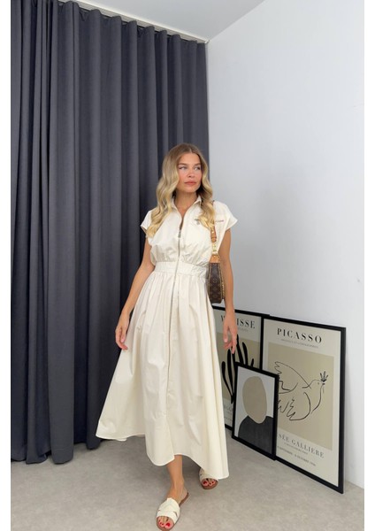 Taş Rengi Boydan Fermuarlı Elbise