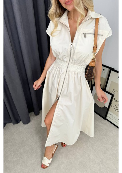 Taş Rengi Boydan Fermuarlı Elbise modelleri