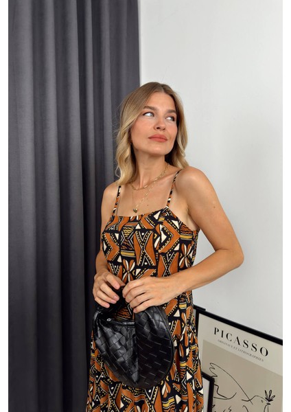 Siyah Kahve Etnik Desen Askılı Elbise fiyatları