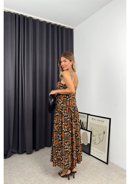 Siyah Kahve Etnik Desen Askılı Elbise fırsatları