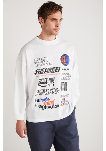 Ben Erkek Pamuklu Baskı Detaylı Uzun Kollu Oversize Beyaz T-Shirt fırsatları
