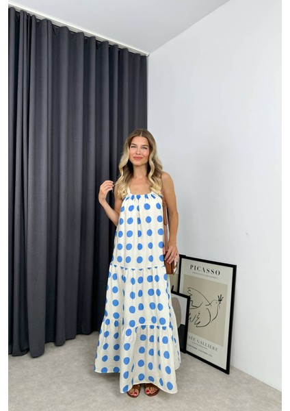 Mavi Beyaz Askılı Puantiyeli Elbise