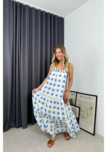 Mavi Beyaz Askılı Puantiyeli Elbise modelleri