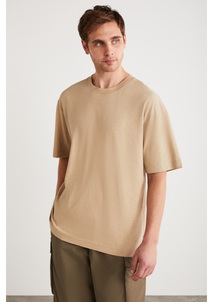 Fletcher Erkek Oversize Keten Karışımlı Bej T-Shirt indirimleri