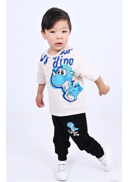 Isteks 'sinyor Dino'' Baskılı 2'li Takım Tshirt ve Eşofman Krem Rengi 1-5yaş