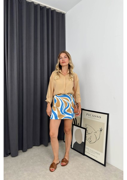 Bej Mavi Desenli Şort Etek