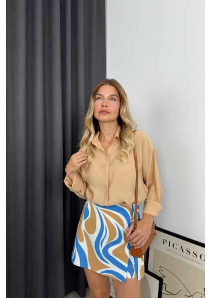 Bej Mavi Desenli Şort Etek modelleri