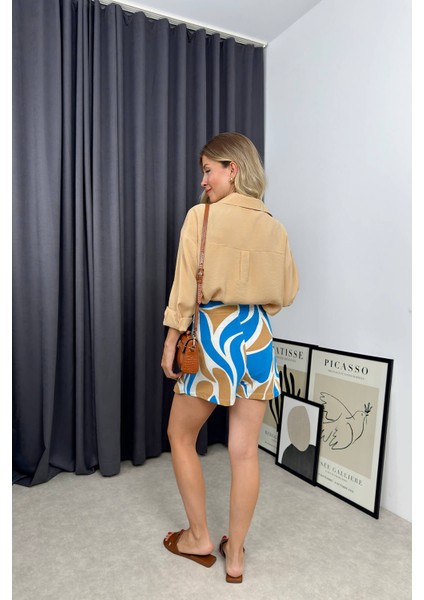 Bej Mavi Desenli Şort Etek fırsatları