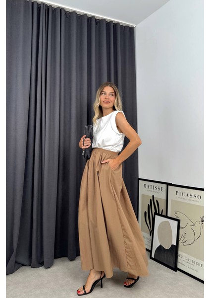 Camel Beli Lastikli Etek