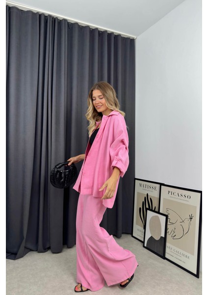 Pembe Oversize Düğmeli Gömlek Pantolon Takım