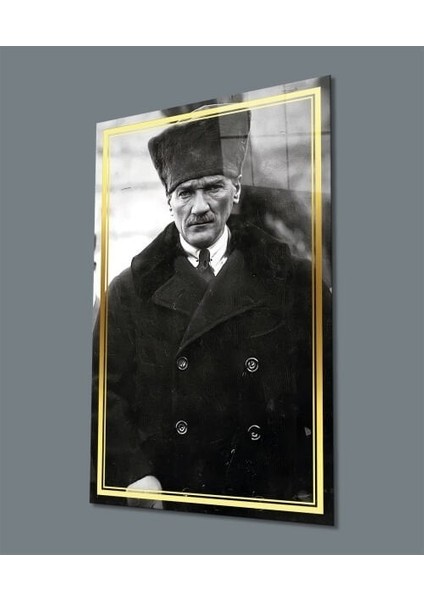 Atatürk Siyah Beyaz Cam Tablo Hediyelik Büyük Tablo Ev Ofis Dekoru