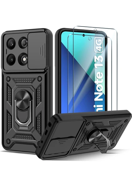 MTK Moveteck Xiaomi Redmi Note 13 4g Kılıf Kamera Korumalı Sürgülü Yüzüklü Armor Military Zırh Tank Yüzüklü Standlı + 9h Cam Seti