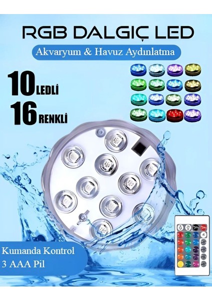 Rgb LED Işık Su Geçirmez Kumandalı Havuz-Akvaryum-Nargile Ledi Dekoratif Su Altı Aydınlatma Lambası