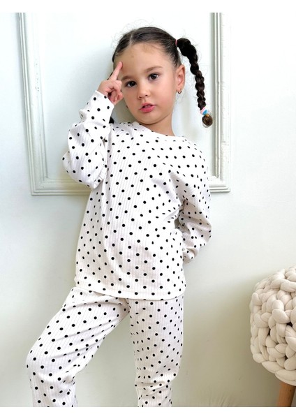 Lolli Boom Kids Kız Çocuk Fitilli Kumaş Polkadot / Puantiyeli Pijama Takımı Esnek Kumaş Yeni Sezon