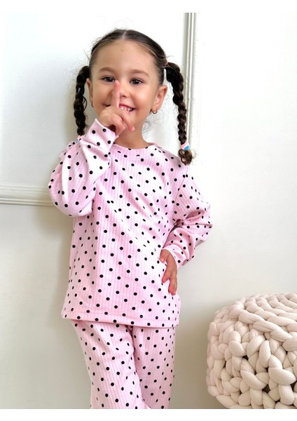 Lolli Boom Kids Kız Çocuk Fitilli Kumaş Polkadot / Puantiyeli Pijama Takımı Esnek Kumaş Yeni Sezon Pembe Renk