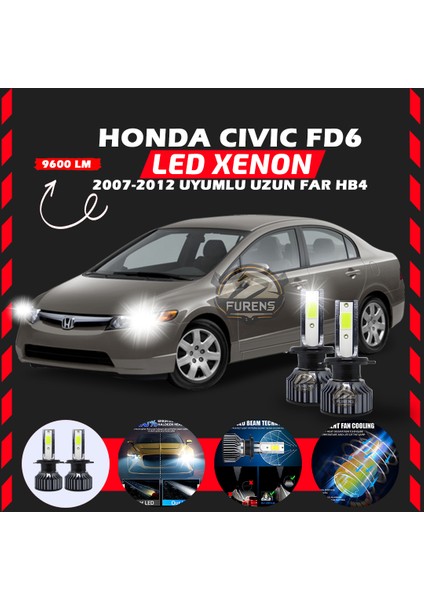 Honda Civic Fd6 2007-2012 Uzun Far Uyumlu Şimşek Etkili LED Xenon Pro Series Hb4