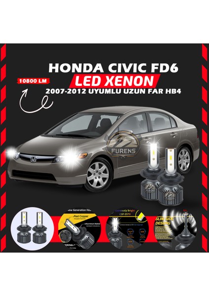 Honda Civic Fd6 2007-2012 Uzun Far Uyumlu Şimşek Etkili LED Xenon Premium Series Hb4