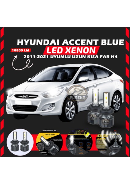 Hyundai Accent Blue 2011-2021 Uzun-Kısa Far Uyumlu Şimşek Etkili LED Xenon Premium Series H4