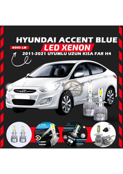 Hyundai Accent Blue 2011-2021 Uzun-Kısa Far Uyumlu Şimşek Etkili LED Xenon Performance Series H4