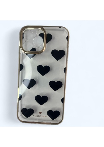 IPHONE 13 Pro Max Siyah Beyaz Renk Kalp Baskılı Sade ve Şık Görünümlü Telefon Kılıfı