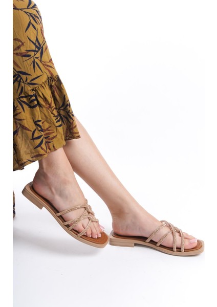 MİA026-1601 Günlük Kadın Taşlı Taba Tatil Terliği fiyatları