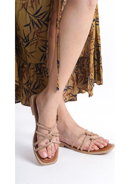 MİA026-1601 Günlük Kadın Taşlı Taba Tatil Terliği modelleri