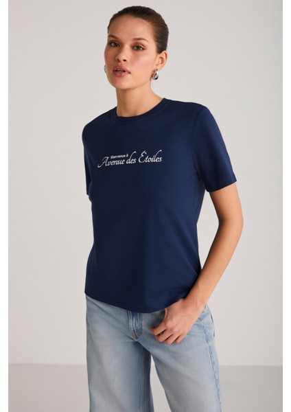 Alma Kadın Regular Baskılı Lacivert T-Shirt