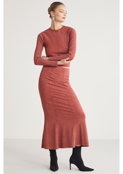 Cateline Kadın Slim Fit Beli Lastikli Vucudu Saran Midi Kiremit Rengi Etek