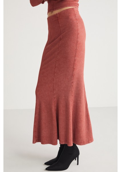 Cateline Kadın Slim Fit Beli Lastikli Vucudu Saran Midi Kiremit Rengi Etek modelleri