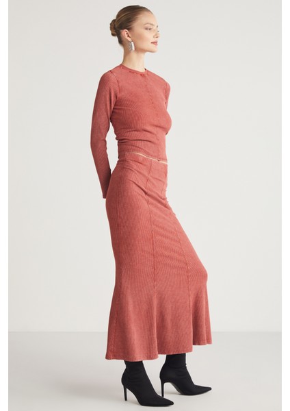 Cateline Kadın Slim Fit Beli Lastikli Vucudu Saran Midi Kiremit Rengi Etek fırsatları