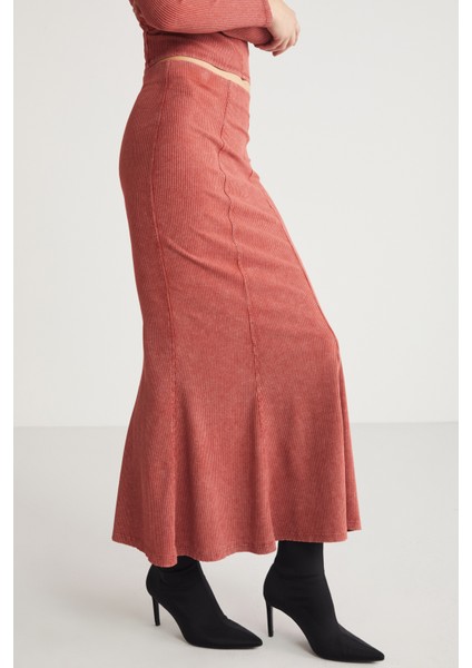 Cateline Kadın Slim Fit Beli Lastikli Vucudu Saran Midi Kiremit Rengi Etek indirimleri