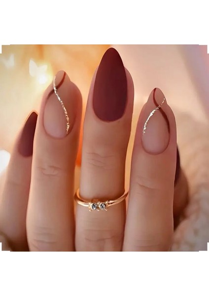 Bordo Altın Kadın Takma Tırnak Ojeli Set Jel Protez Görünümlü Nail Art