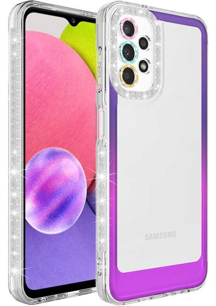 Samsung Galaxy A23 Kılıf Simli ve Renk Geçiş Tasarımlı Lens Korumalı Park Kapak-Mor-Pembe