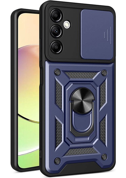 Samsung Galaxy A14 Kılıf Magnetik Standlı Kamera Korumalı Sürgülü Vega Kapak-Mavi