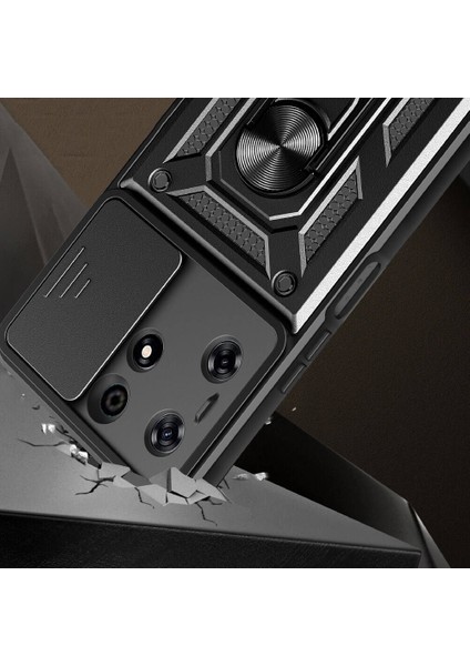 Tecno Spark 10 Pro Kılıf Magnetik Standlı Kamera Korumalı Sürgülü Vega Kapak-Siyah