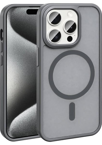 Apple iPhone 15 Pro Max Kılıf Magsafe Şarj Özellikli Mat Arka Yüzey Sio Kapak-Gri