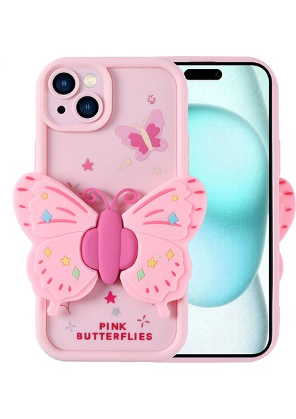 Apple iPhone 15 Plus Kılıf Kamera Korumalı Figür Tasarımlı Kapya Kapak-Pembe Açık