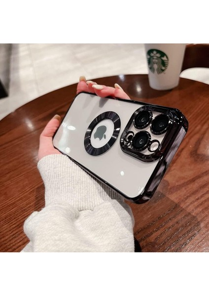 Apple iPhone 15 Plus Kılıf Tek Kamera Çerçeveli Renkli Kenarlı Logo Yeri Açık Şeffaf Silikon Lila