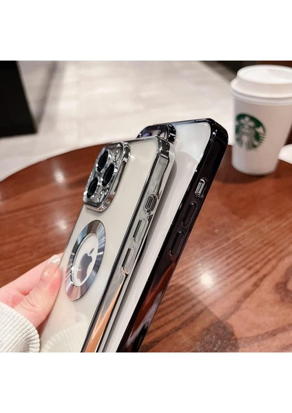 Apple iPhone 15 Plus Kılıf Tek Kamera Çerçeveli Renkli Kenarlı Logo Yeri Açık Şeffaf Silikon Lila