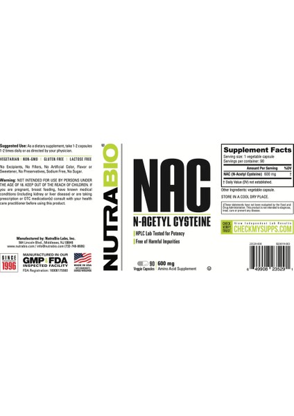 Nutrabio, Nac N-Acetyl Cysteine, 600 Mg, 90 Veggie Capsules