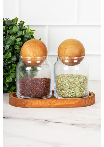 2’li Ahşap Top Kapaklı Cam Kavanoz Seti Baharatlık, 300 ml, TR üretimi